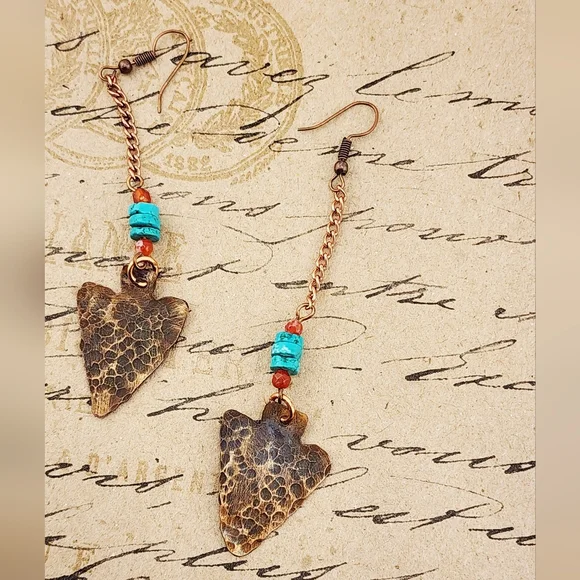 TURQUOISE & CARNELIAN HANDMADE EARRINGS BOHEMIAN CHIC STYLE 2.5" - Picture 1 of 6